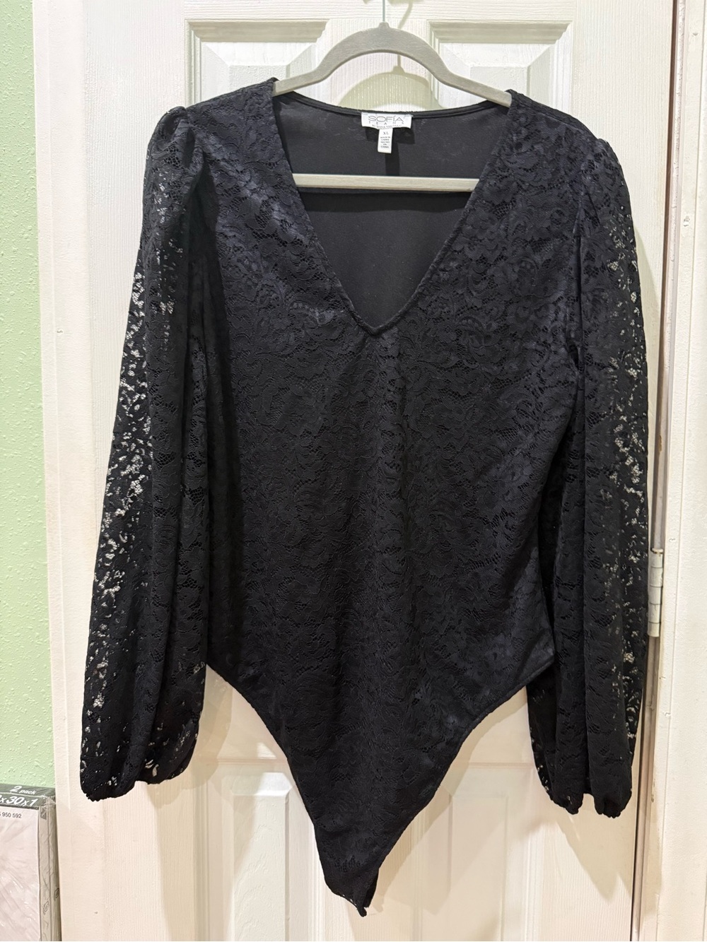 sofia by sofia vergara Black Lace V-Neck Puff Sleeve Bodysuit